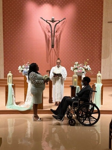Loyola patient Darren Wiley and his fiancé, now wife, Ivy, were married at Loyola one year ago. 