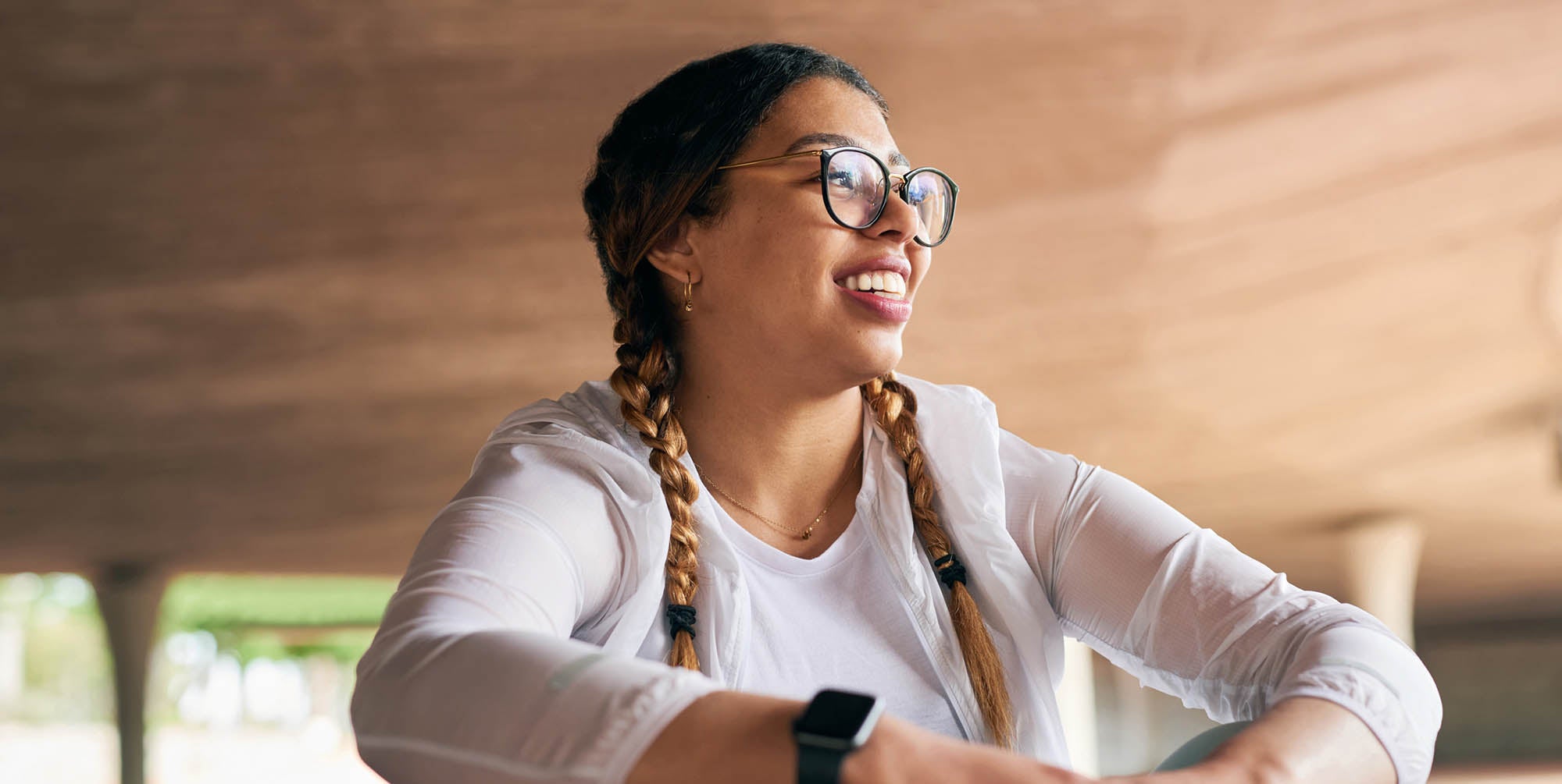 Woman sitting and smiling